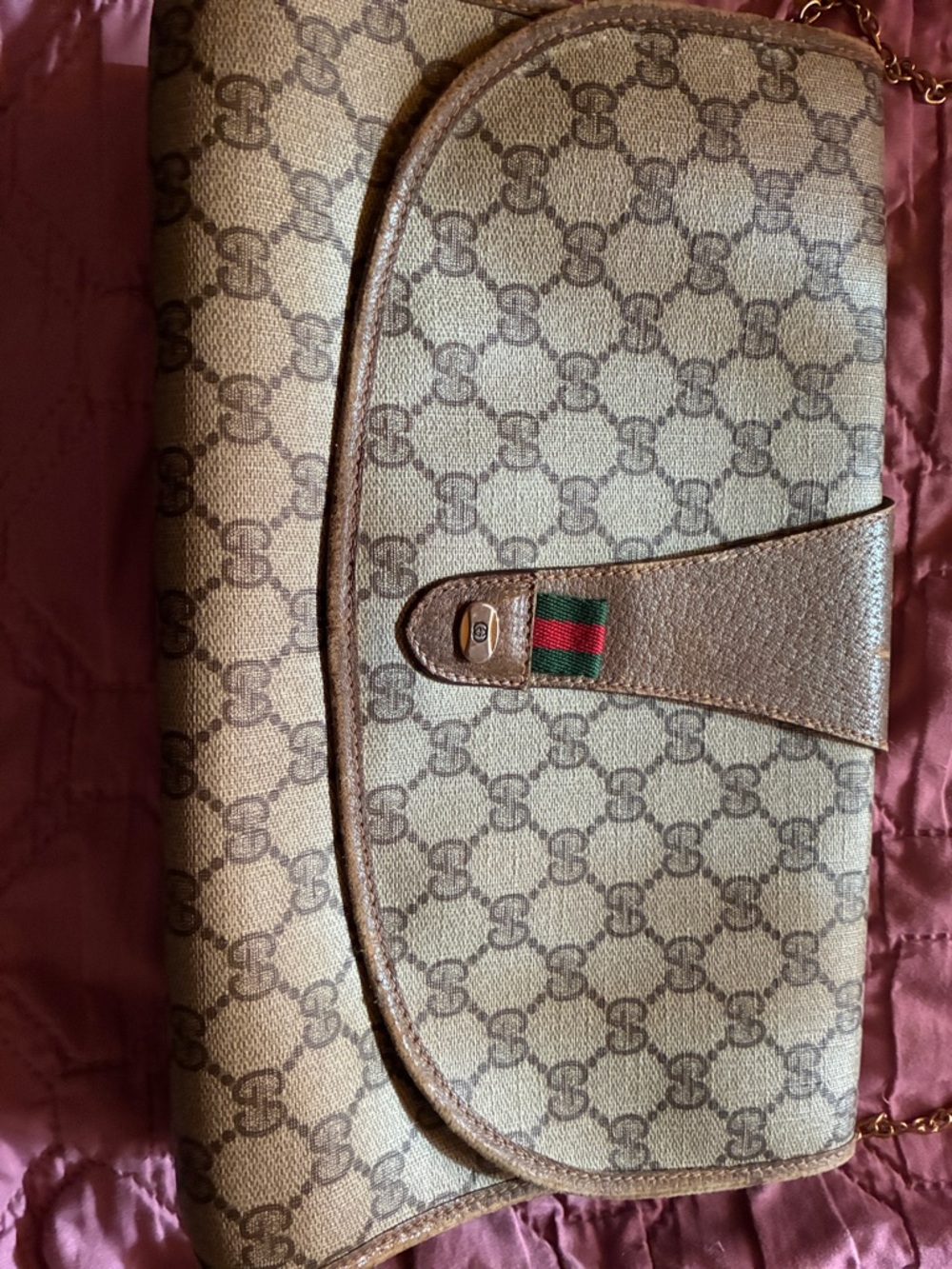Gucci Beige Monogram Canvas Shoulder Bag with Green-Red Web Accent